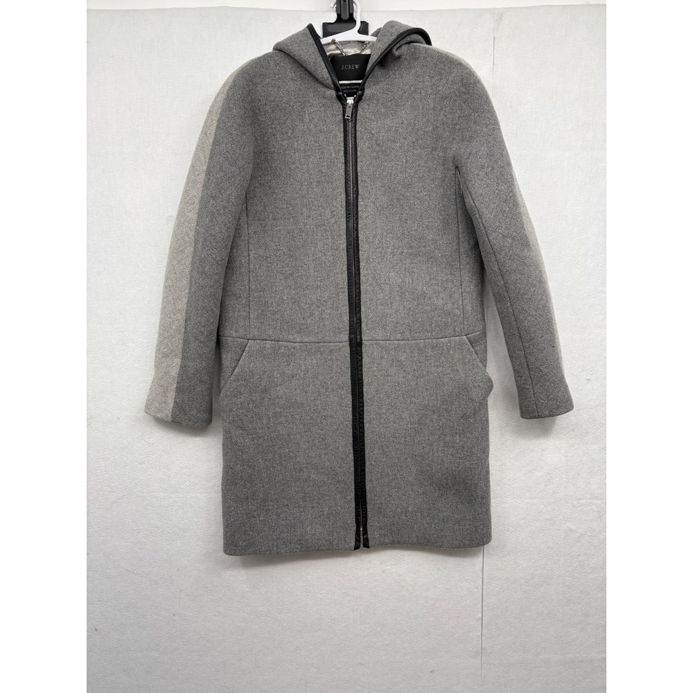 J. Crew Stadium Cloth Hooded Wool Blend Coat Size 0 Grey Black Trim Zip